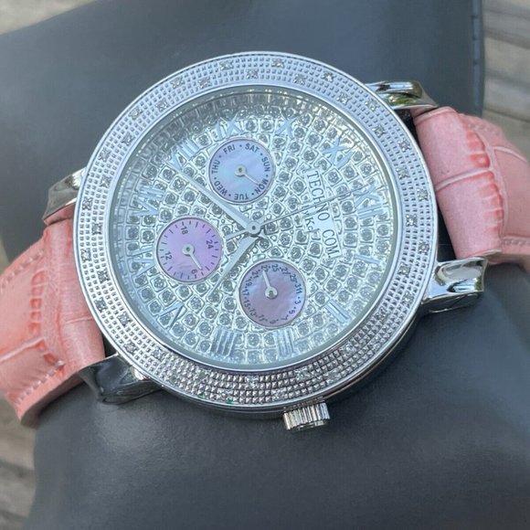 Techno Women Watch Pink Leather Band Analog Multifunction Ladies Wrist Watch - Picture 12 of 12